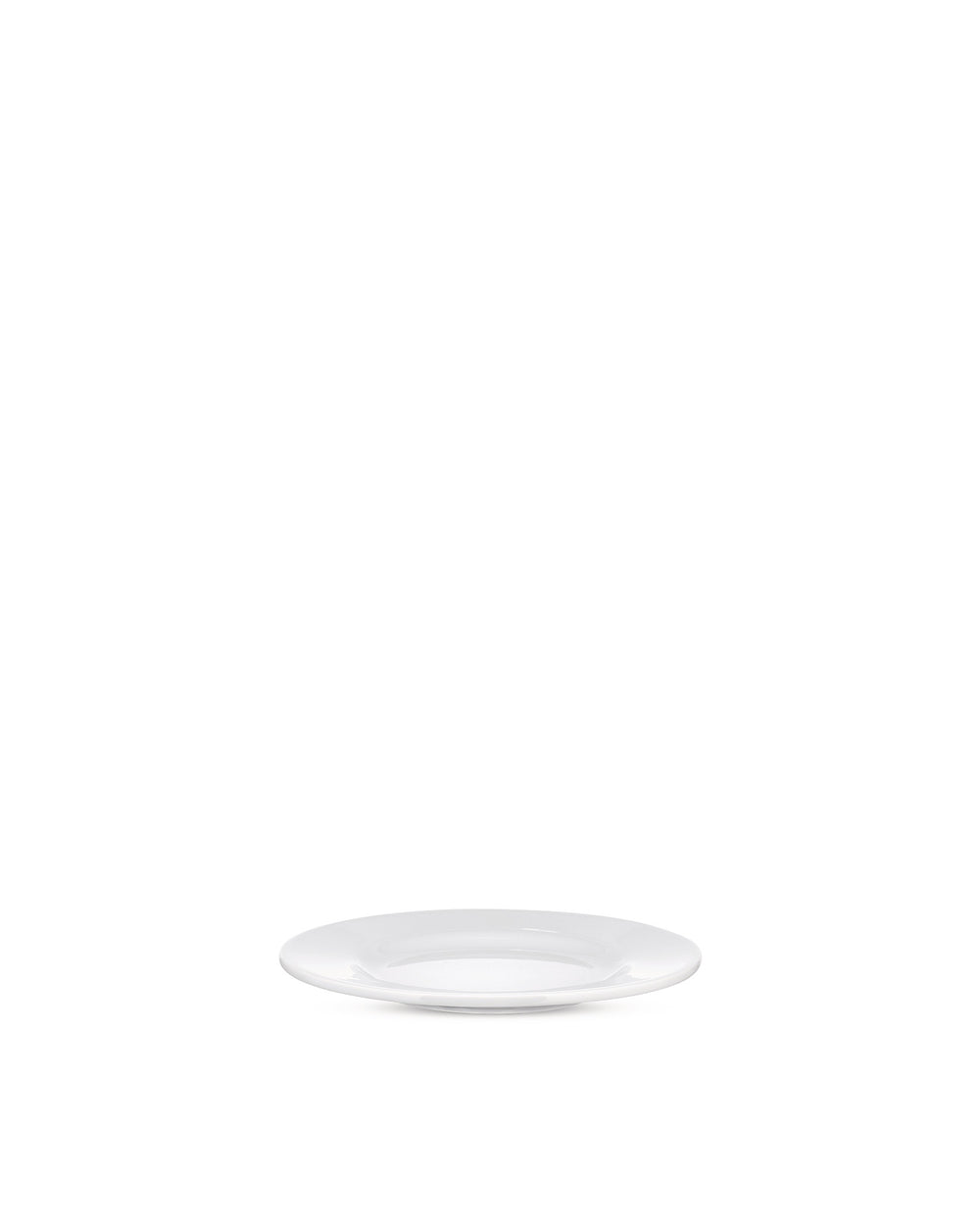 White ceramic plate by Alessi, simple and round, seen from a low, slightly angled perspective.