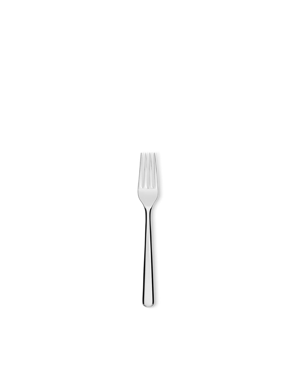 Silver four-tine fork by Alessi with a sleek, tapered handle centered on a white background.