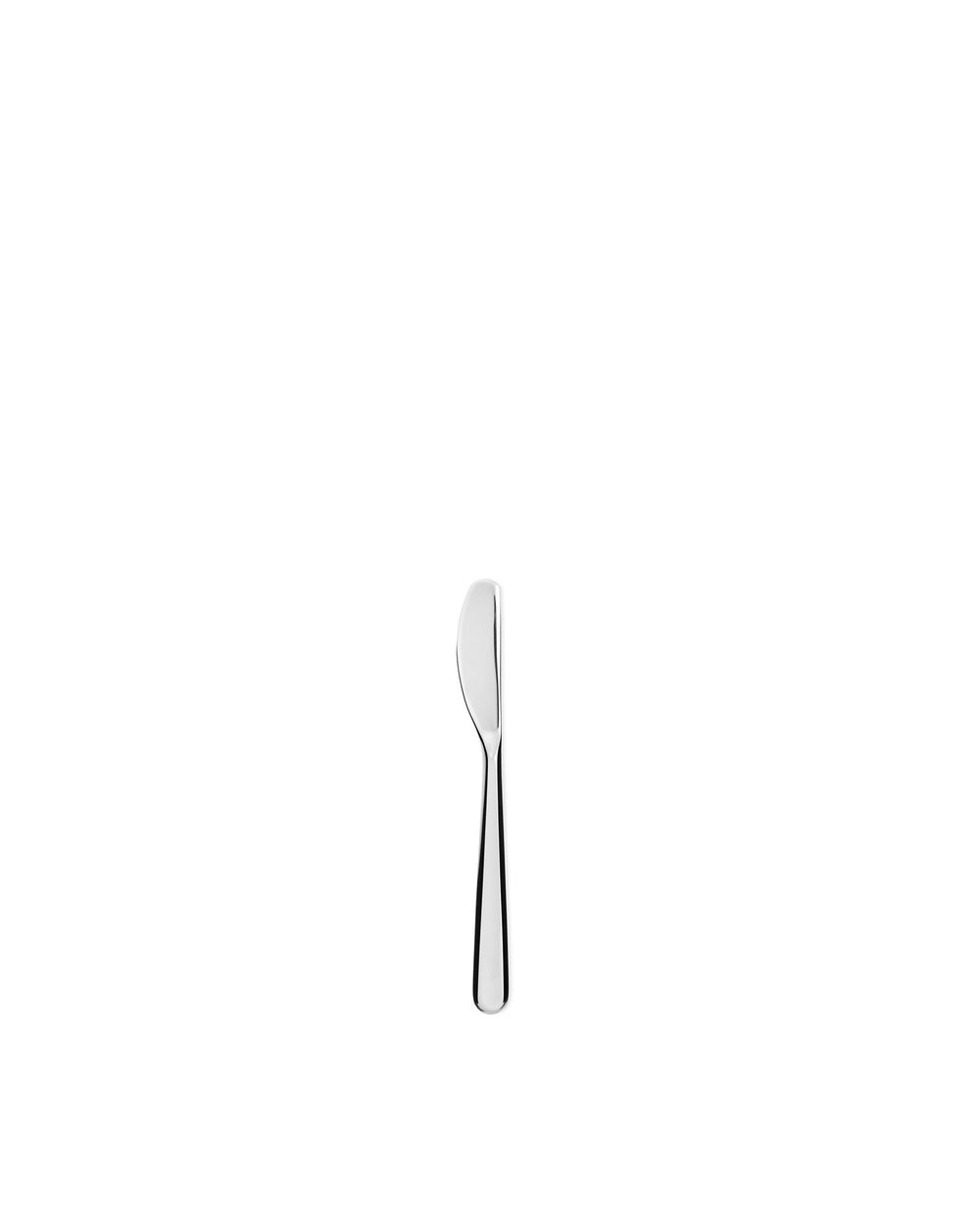Polished silver stainless steel knife by Alessi, standing upright against a white background.