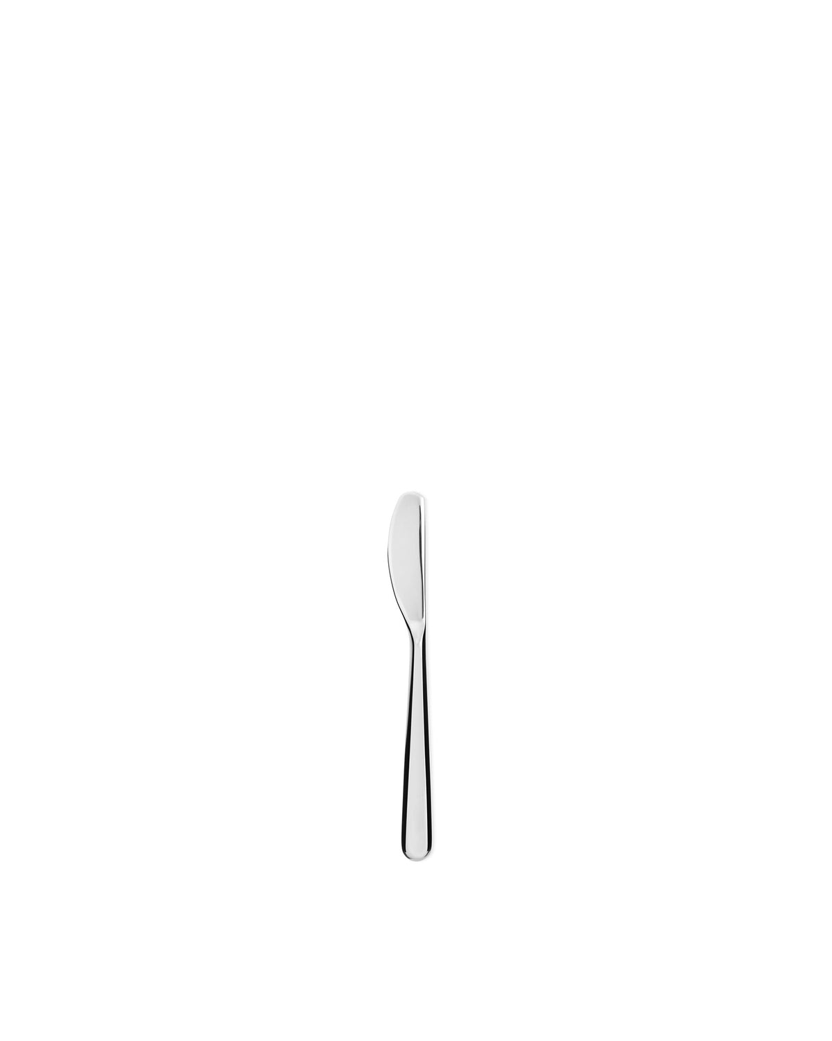 Polished silver stainless steel knife by Alessi, standing upright against a white background.