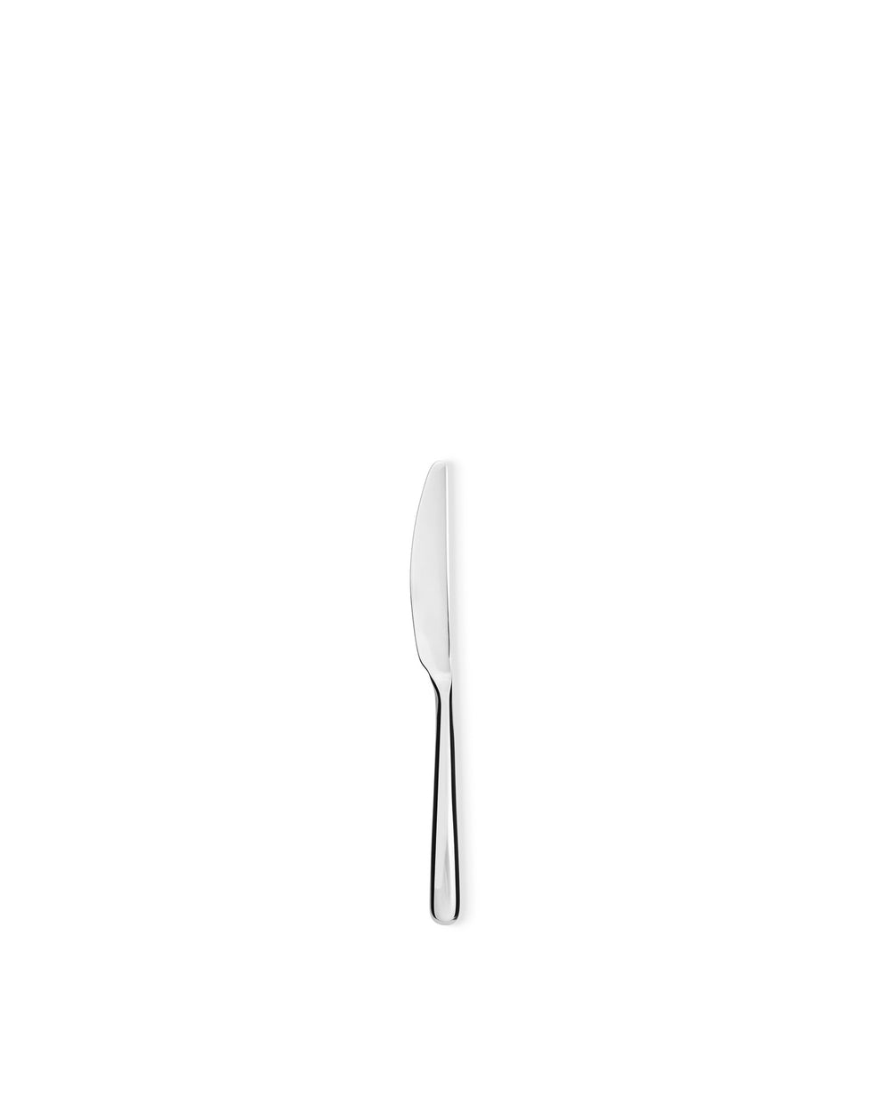 Silver metallic knife by Alessi, standing upright with a sleek, minimalist design.