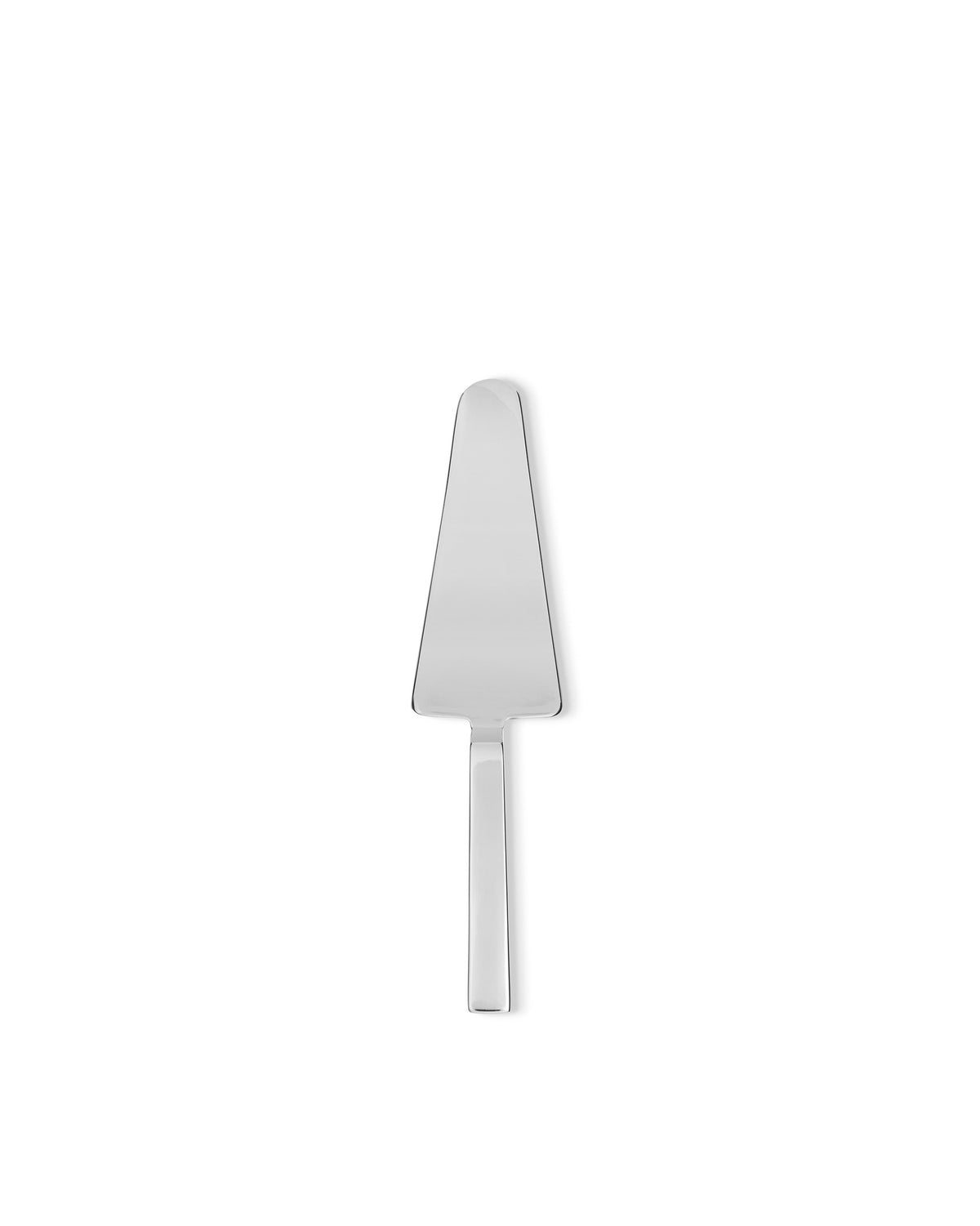 Silver stainless steel cake server by Alessi with a sleek, minimalist design, shown upright.