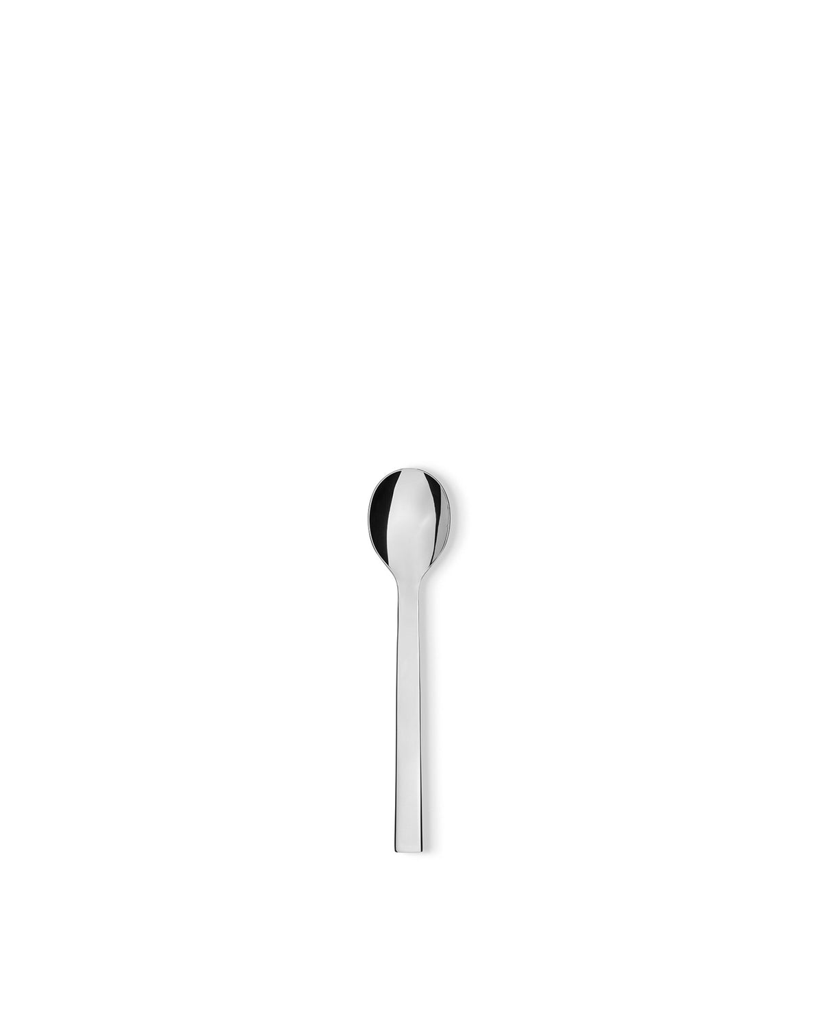 Silver polished metal spoon by Alessi with a sleek, reflective surface, centered vertically.