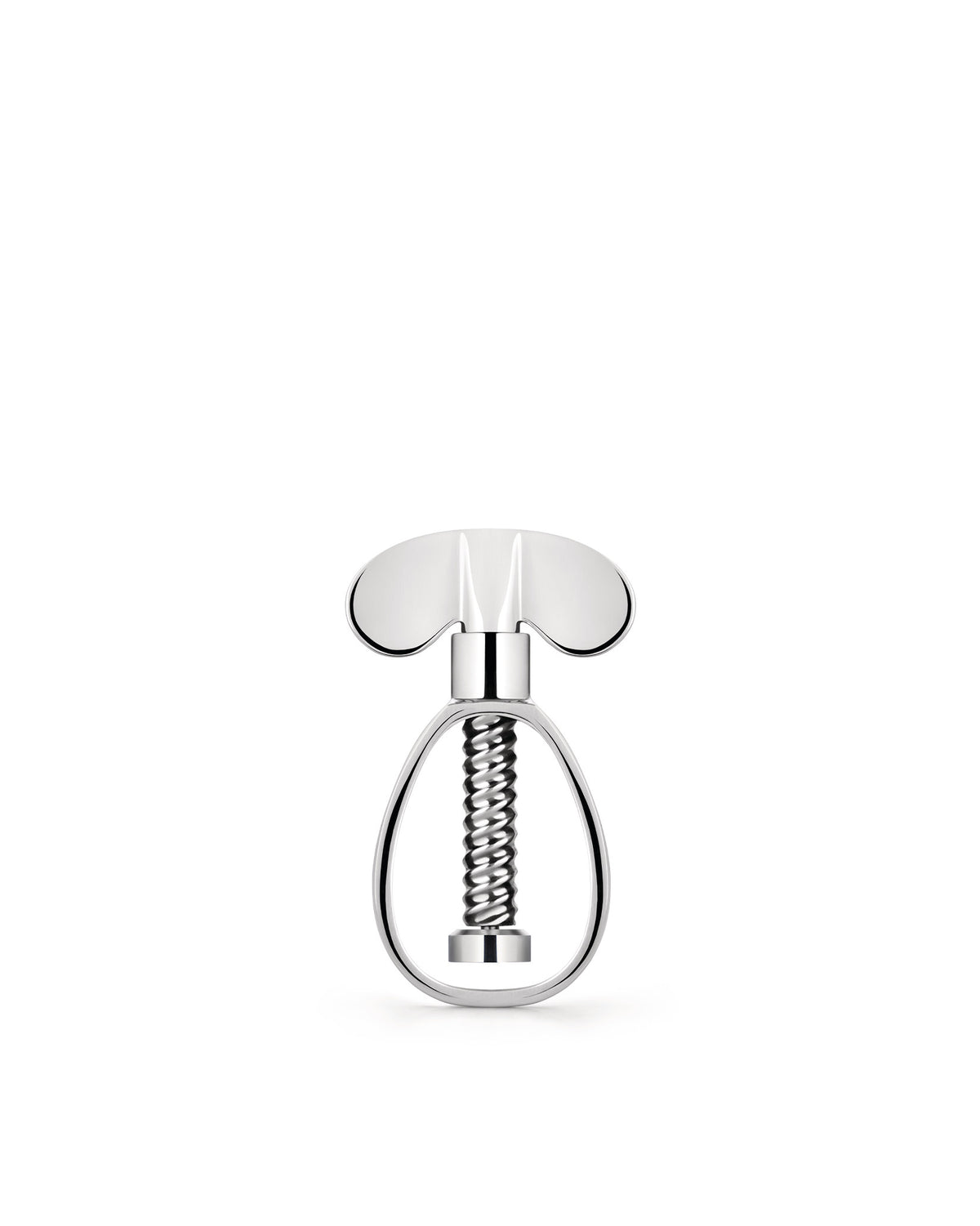 Silver metallic corkscrew by Alessi with a butterfly-shaped handle and exposed spiral worm on a white background.