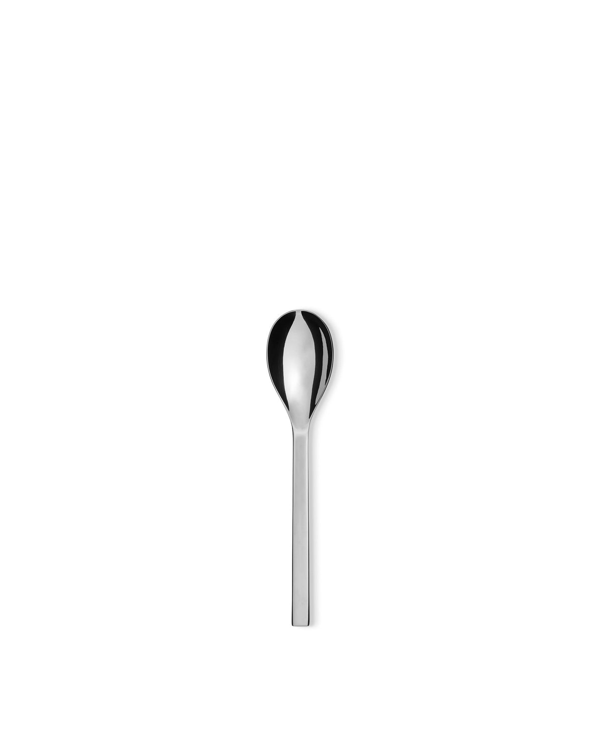 Sleek silver spoon by Alessi, featuring a highly reflective finish and an elegant elongated bowl.