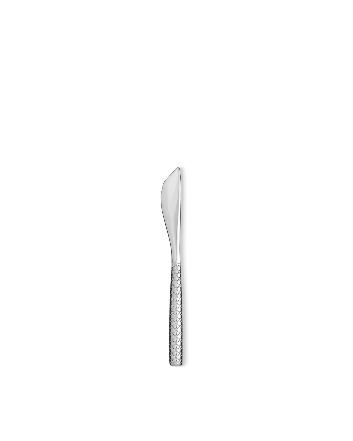 Silver fish knife by Alessi with a textured, scale-like handle.