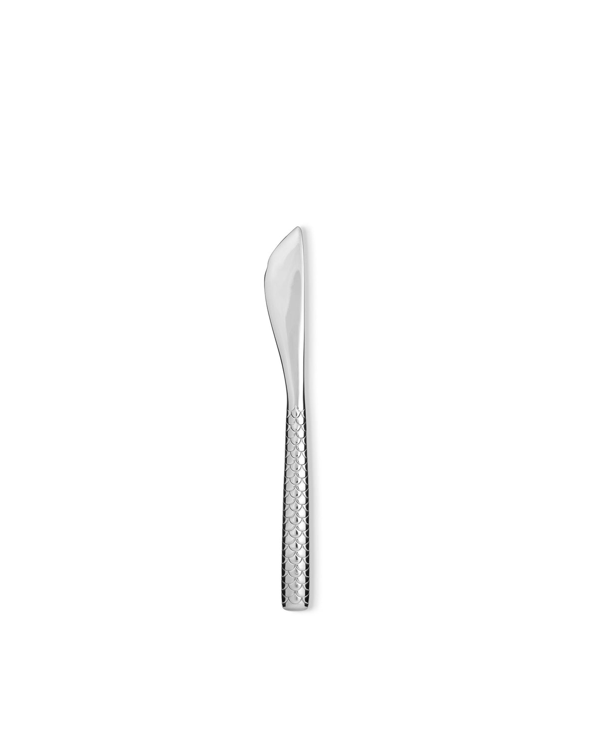 Silver metal fish knife by Alessi, featuring a textured fish scale handle, centered on white.