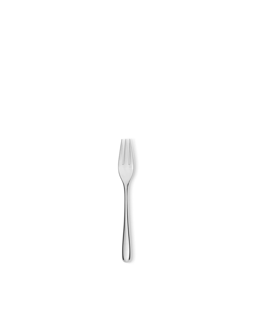 Silver polished dessert fork by Alessi with a sleek, minimalist design and three tines.