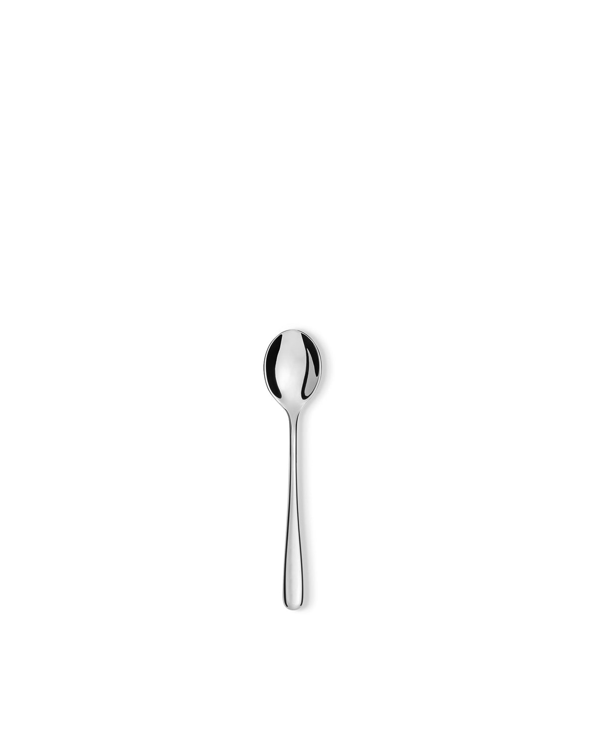 Sleek, silver-toned metal spoon by Alessi, standing vertically with a reflective surface.