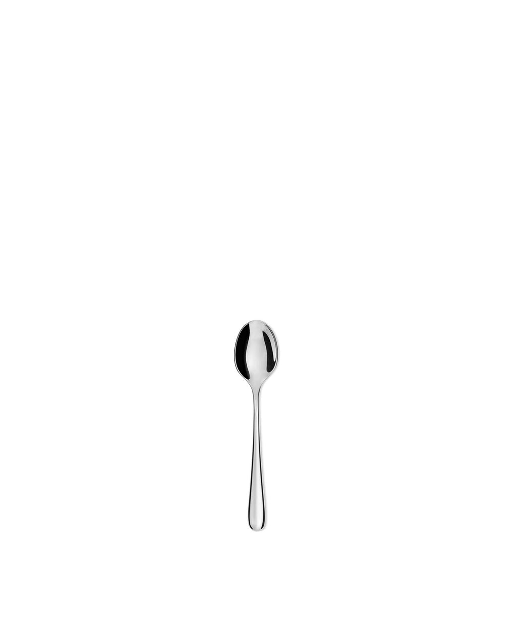 Polished stainless steel spoon by Alessi, presented upright and centered.