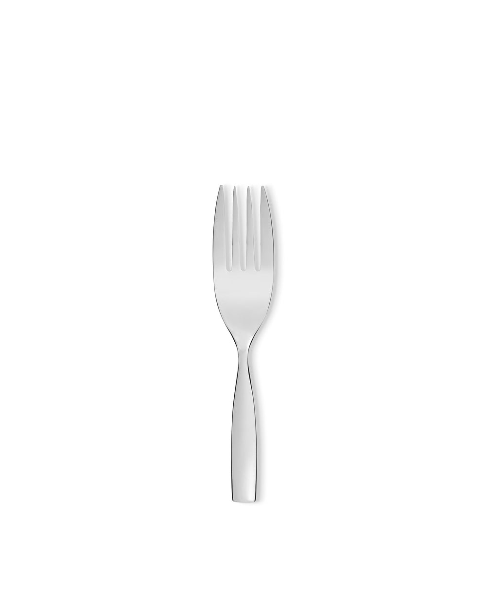 A polished silver metal fork by Alessi with four slender tines, displayed vertically.
