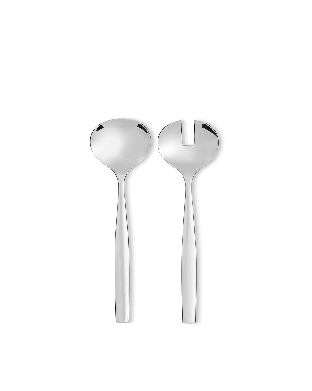 Polished silver salad servers by Alessi, a sleek spoon and slotted fork on a white background.