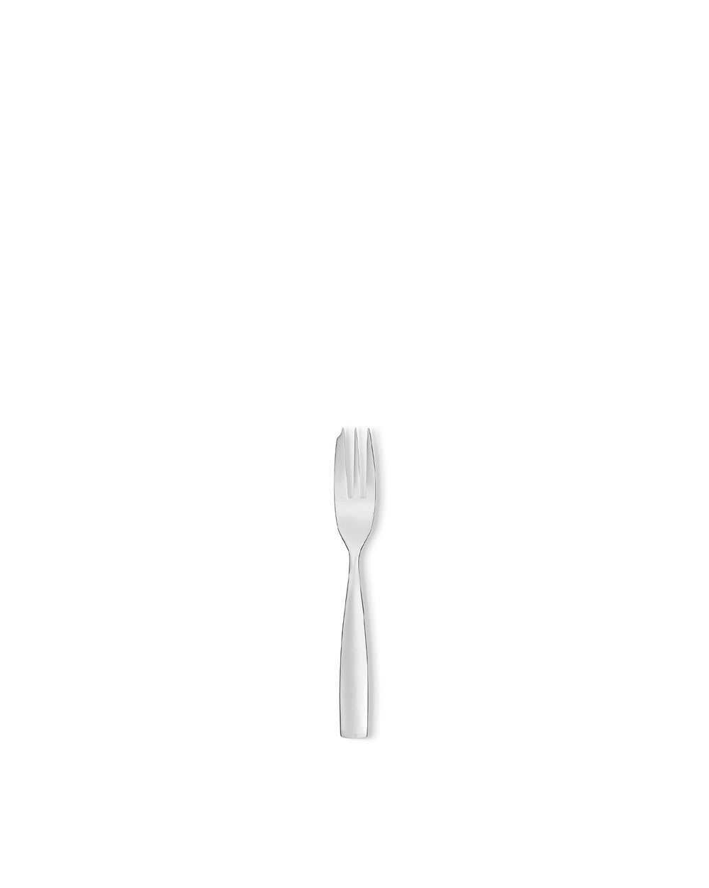 Silver-toned fork by Alessi with a broken left tine and polished finish, centered on white.