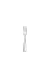 Silver metal fork with four tines by Alessi, featuring a sleek, polished design, viewed vertically.