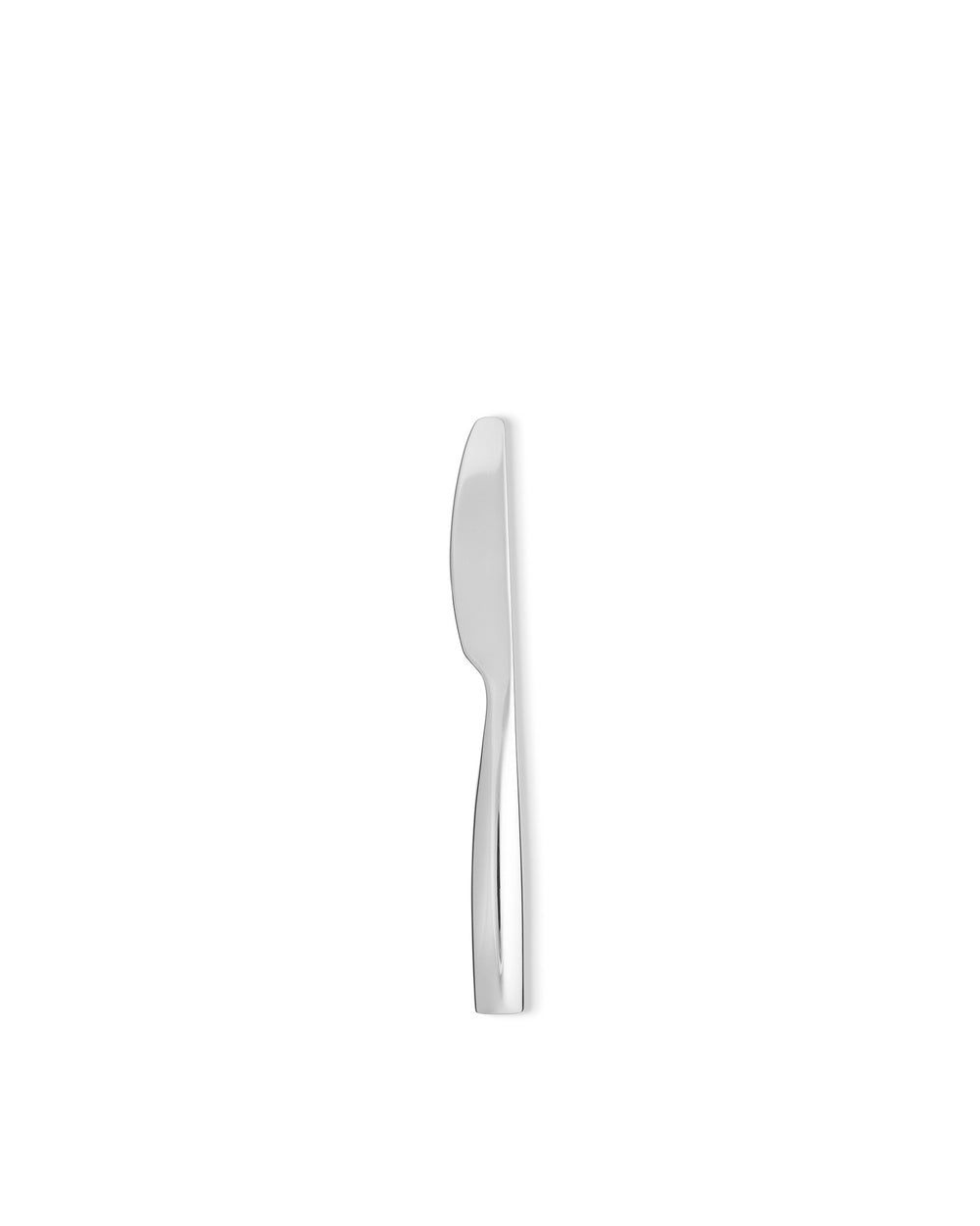 Polished silver knife by Alessi, featuring a sleek, minimalist design, standing upright against a white background.