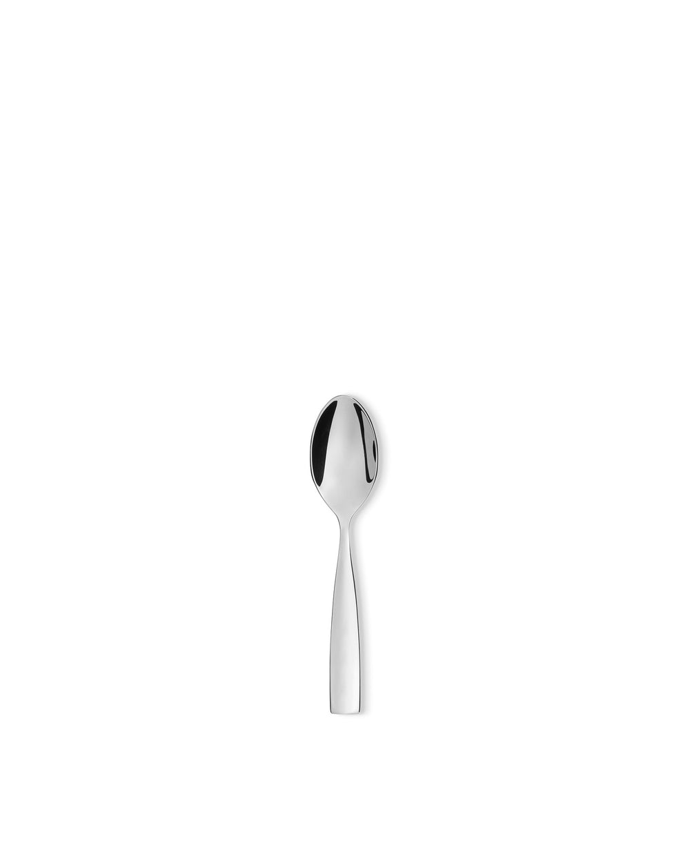 Polished silver metal spoon by Alessi with a simple, reflective design, centered on white.