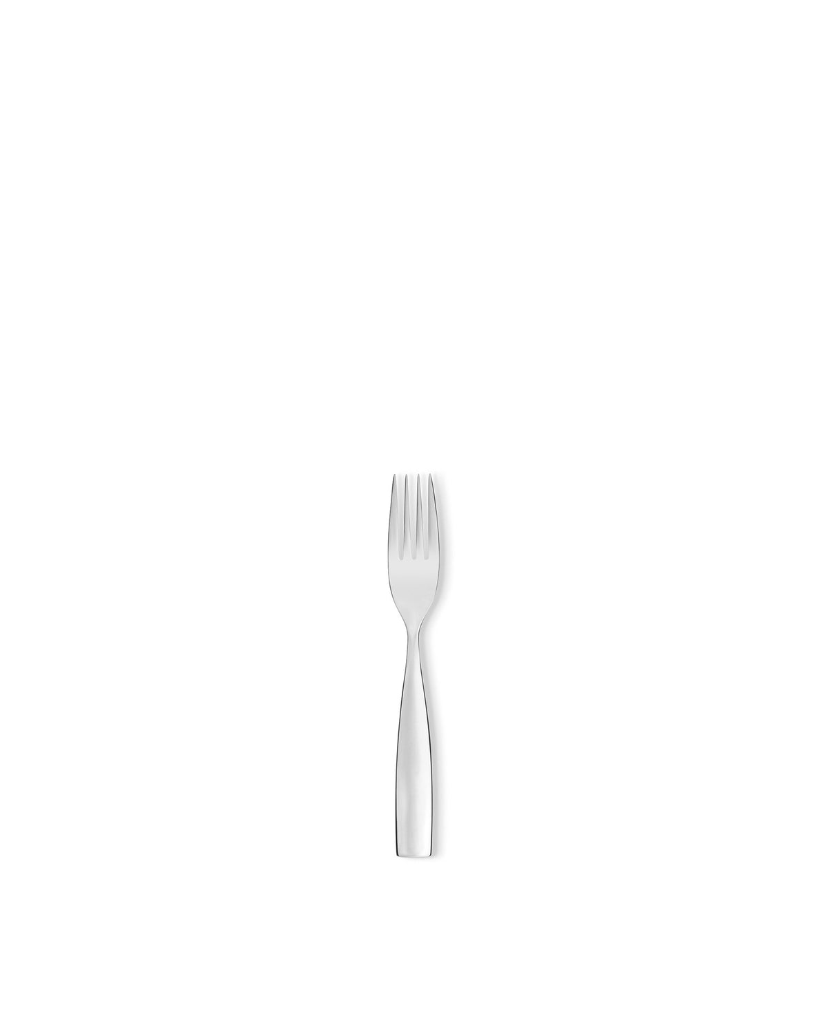 A polished stainless steel fork by Alessi, with four tines, standing upright.