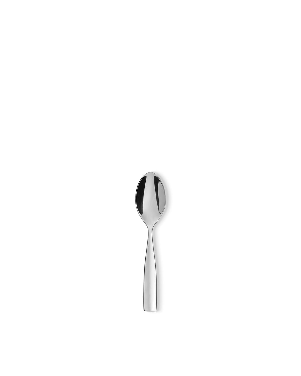 Silver-toned metal spoon by Alessi, centered with reflections on its shiny surface.