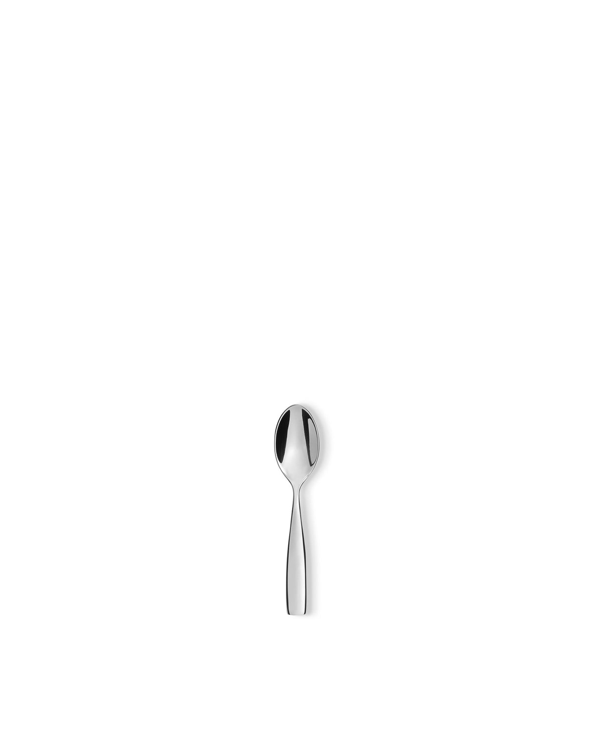 Silver metal spoon by Alessi with a sleek, polished finish, oriented vertically.