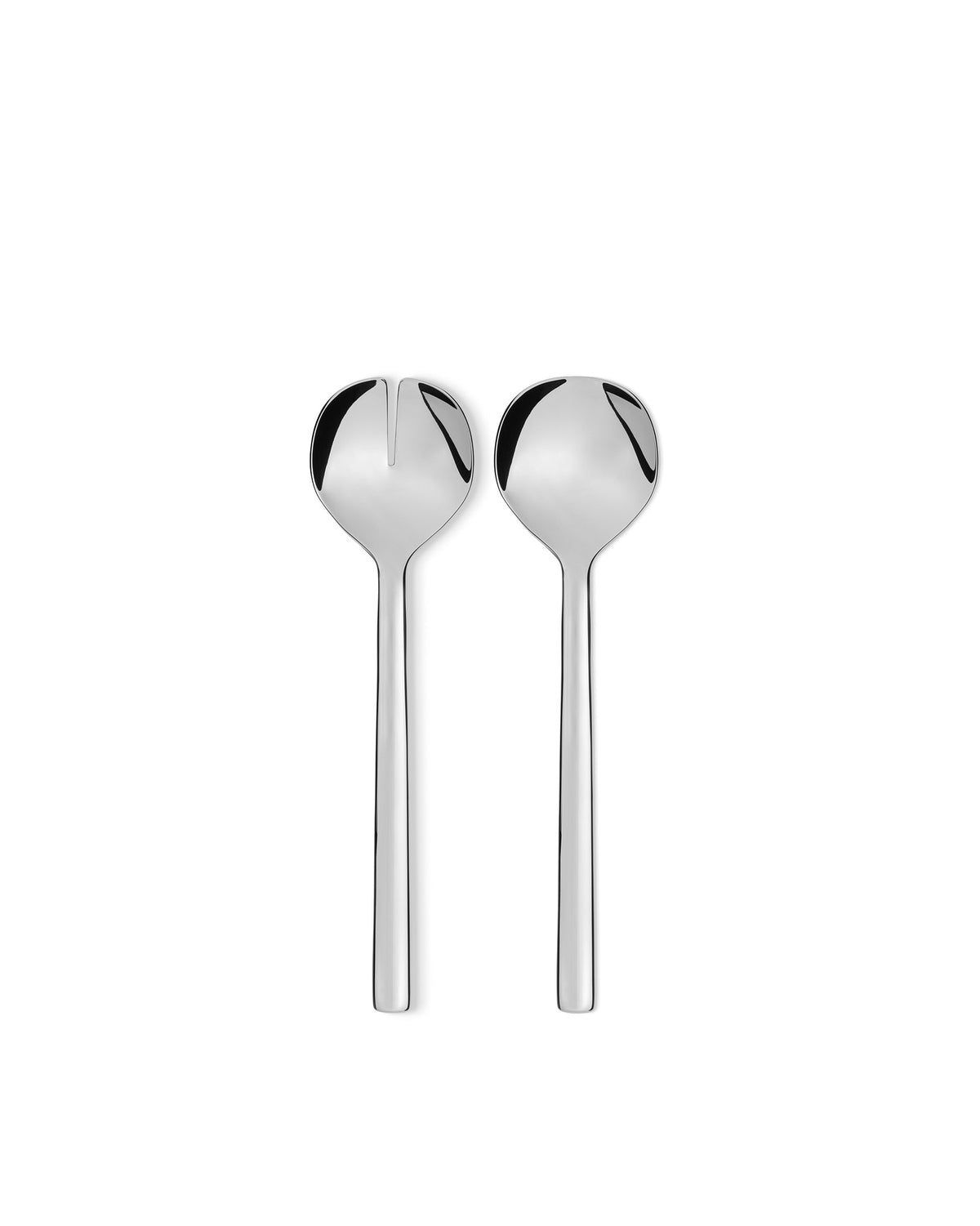 Polished silver-tone metallic salad servers by Alessi, with one slotted and one solid serving spoon.