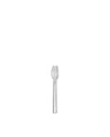 Silver metallic three-tined fork by Alessi, with a sleek, minimalist design, standing upright.