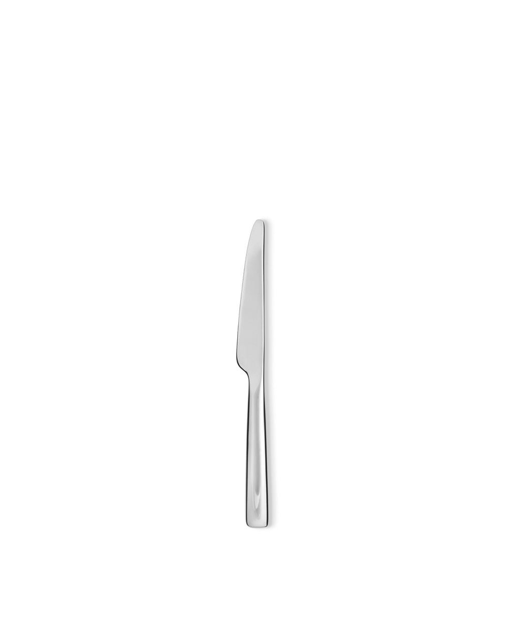 Silver metal dinner knife by Alessi, shown vertically against a white background.