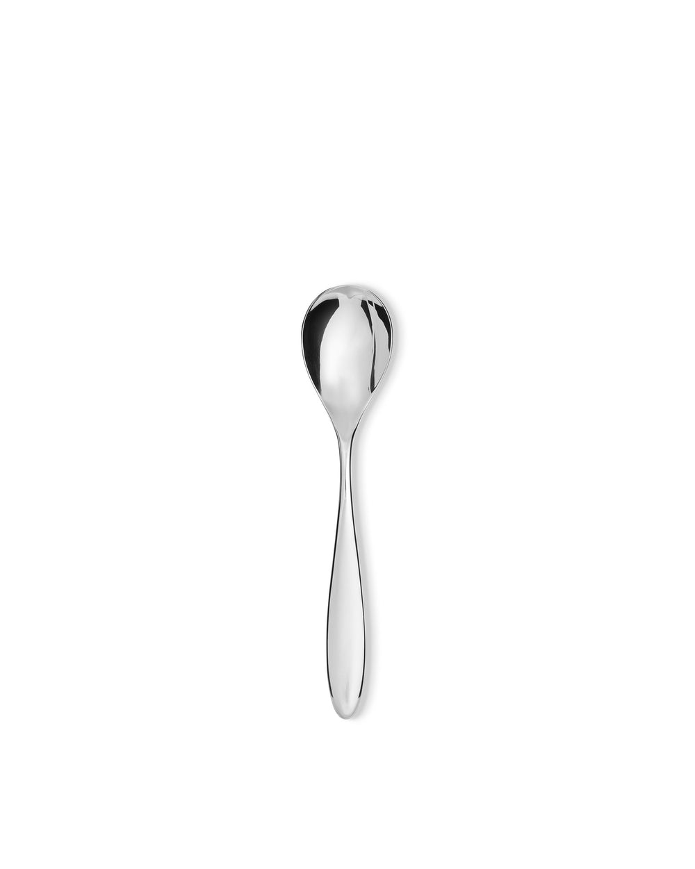 Sleek silver spoon by Alessi, polished and reflective, centered on a white background.