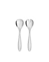 Silver-toned salad servers by Alessi, a sleek, shiny spoon and a slotted fork-like server.