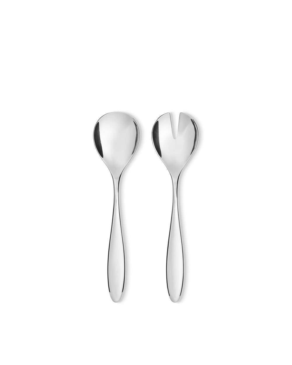 Silver-toned salad servers by Alessi, a sleek, shiny spoon and a slotted fork-like server.