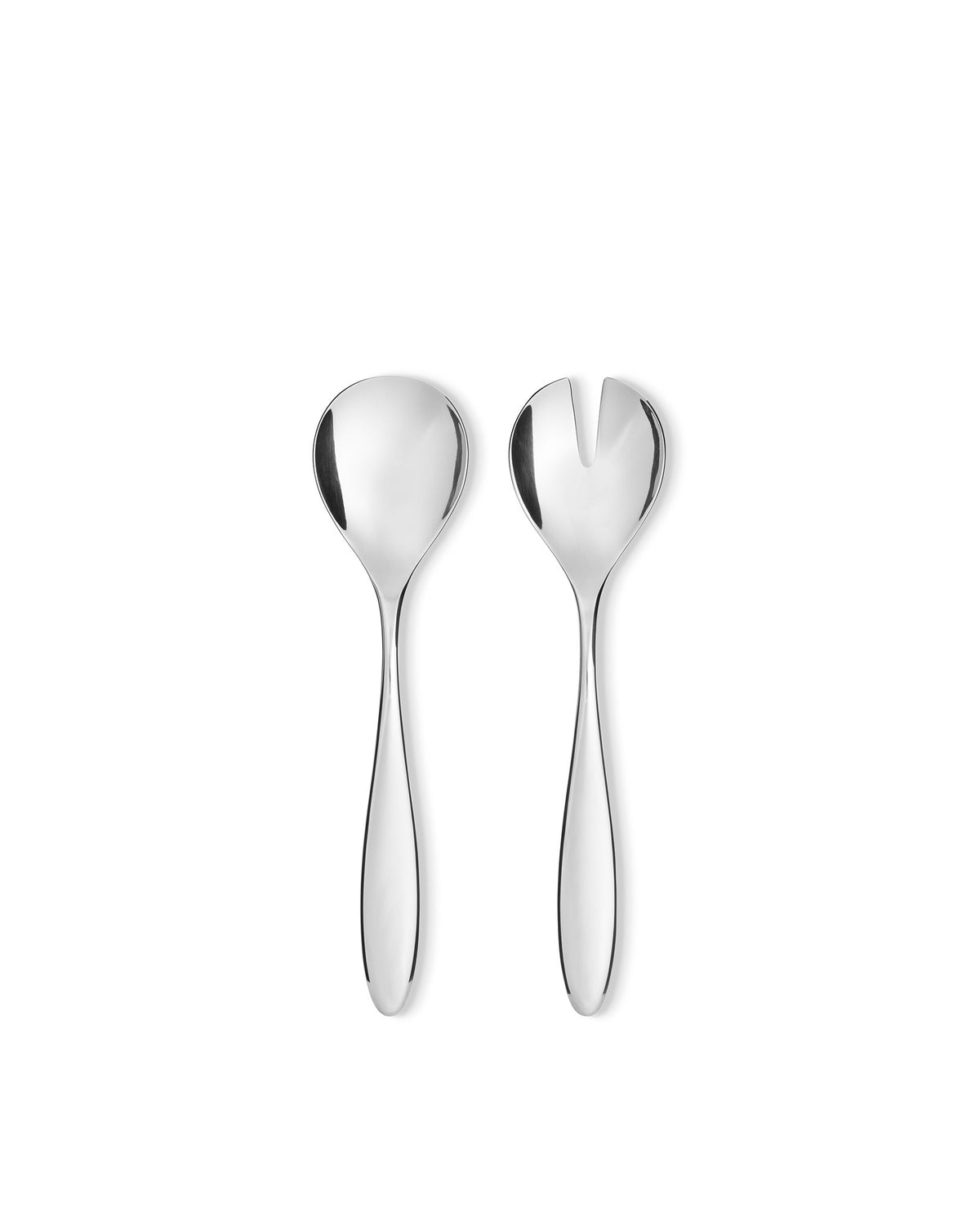 Silver-toned salad servers by Alessi, a sleek, shiny spoon and a slotted fork-like server.