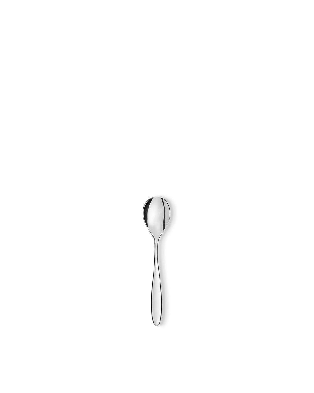 Polished silver metal spoon by Alessi, sleek and minimalist, centered on a white background.