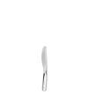 Shiny stainless steel table knife by Alessi, with a sleek, curved handle and fine serrated edge, displayed vertically.