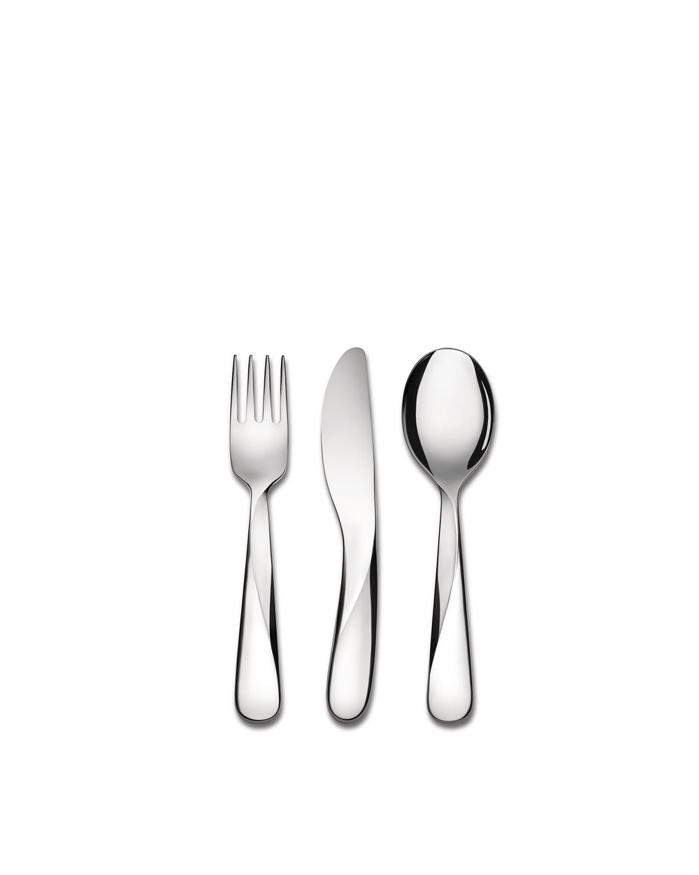 Polished silver cutlery set by Alessi, featuring a modern fork, knife, and spoon.