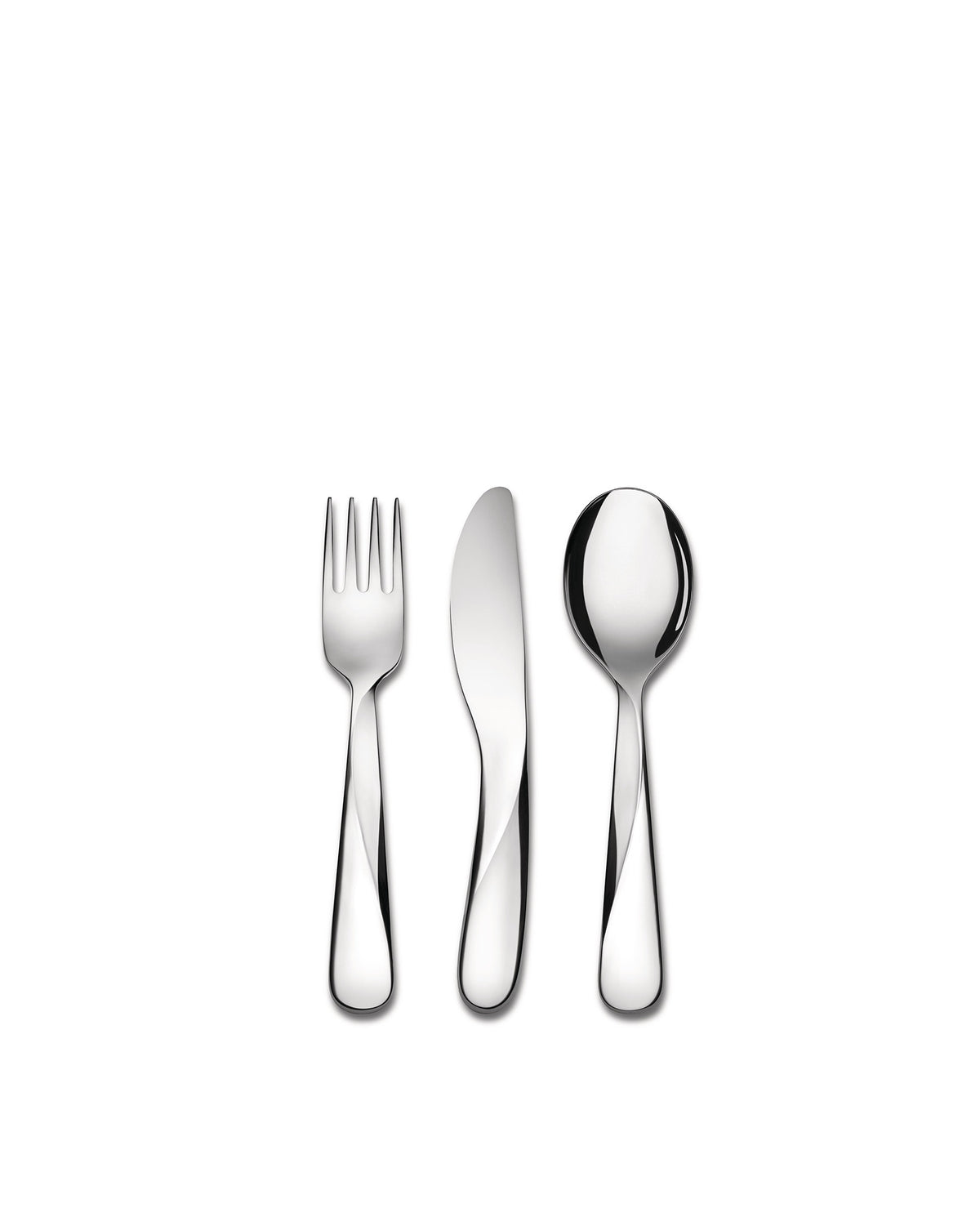 Polished silver cutlery set by Alessi, featuring a modern fork, knife, and spoon.
