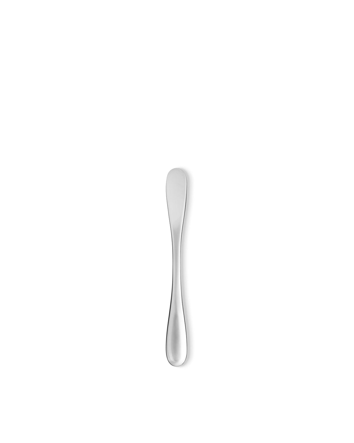 Silver-toned butter knife by Alessi, with a sleek, polished finish and minimalist design, centered on white.