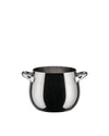 Polished stainless steel pot by Alessi, featuring two elegant curved handles and a rounded base.