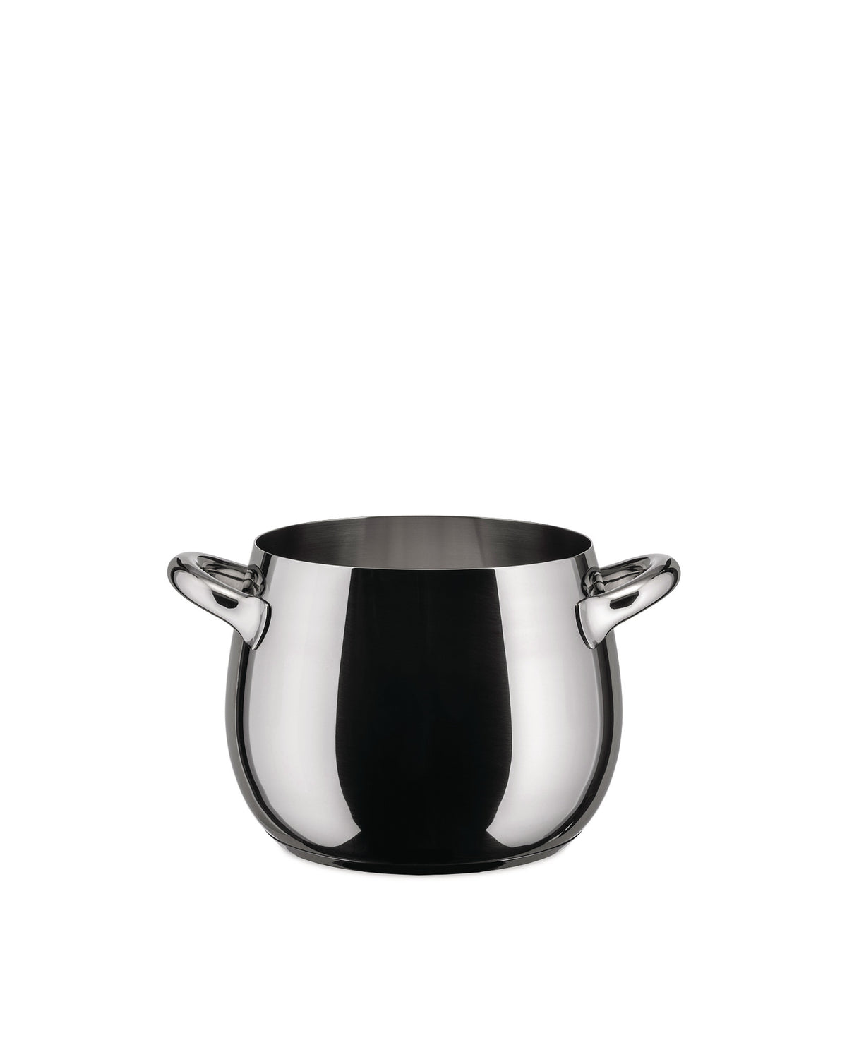 Polished stainless steel pot by Alessi, featuring two elegant curved handles and a rounded base.
