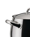 Silver stainless steel cooking pot by Alessi with a sleek handle and glass lid, cropped view.