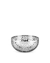 Silver metallic fruit bowl by Alessi with an intricate openwork cut-out pattern.