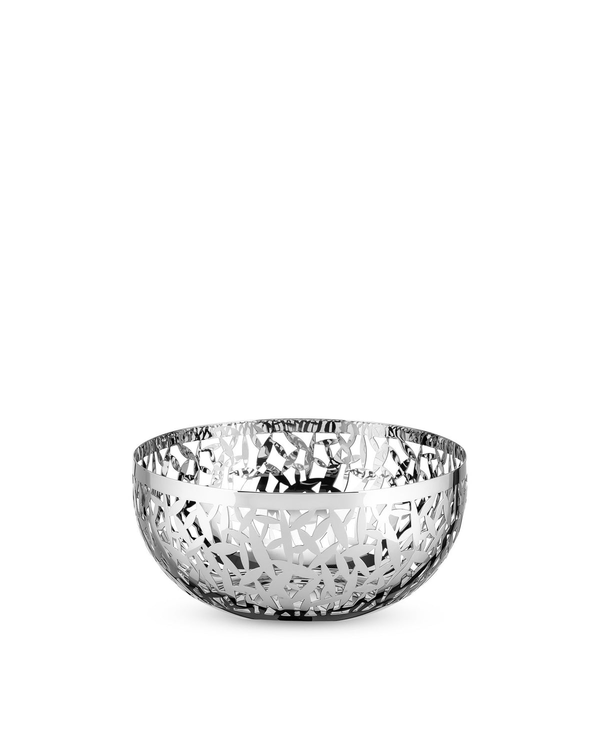 Silver metallic fruit bowl by Alessi with an intricate openwork cut-out pattern.