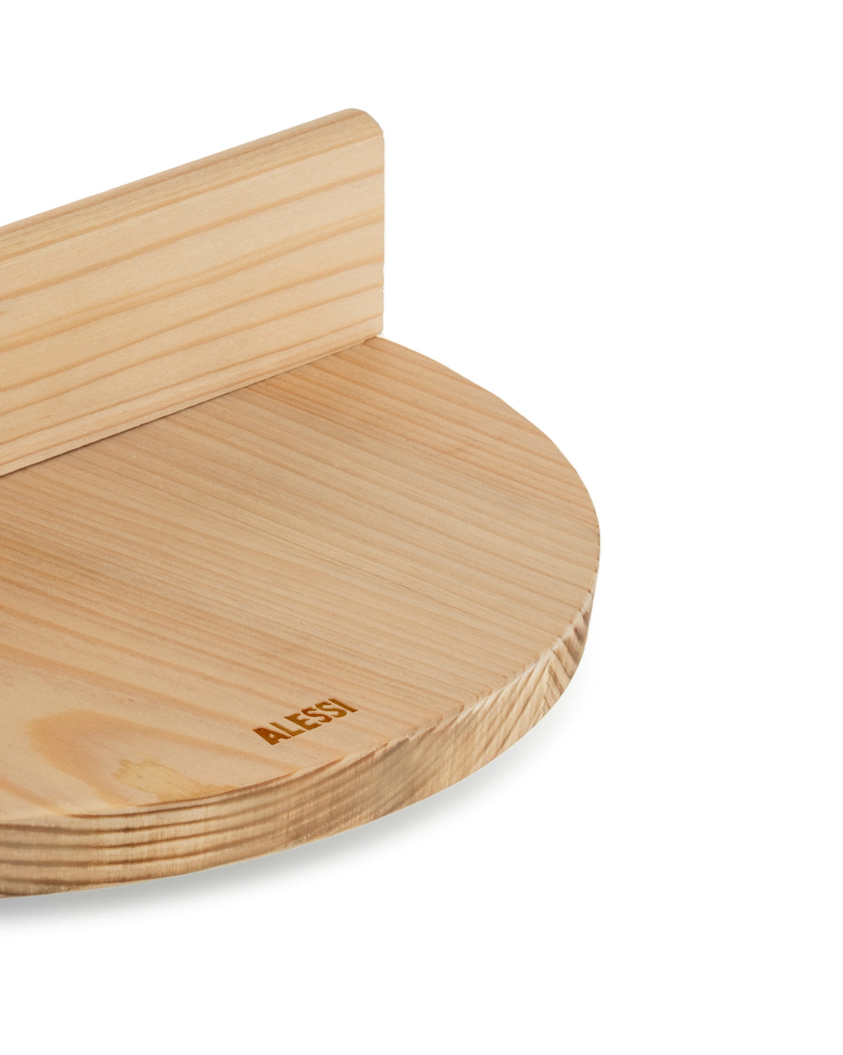 Light wooden half-moon serving board by Alessi with a raised back edge and engraved logo.