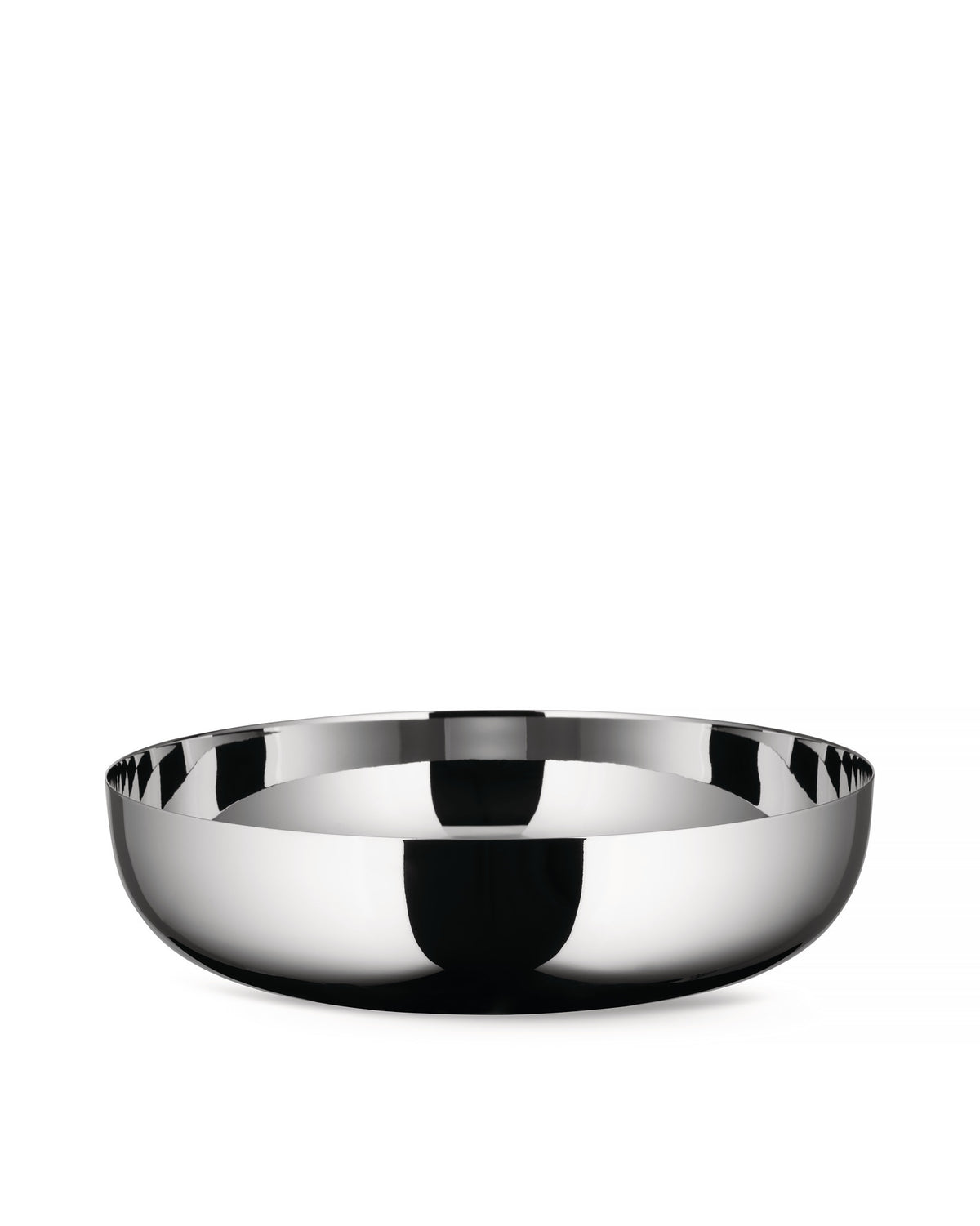 Polished stainless steel bowl by Alessi, wide and shallow with a highly reflective surface.