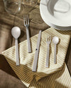 Silver stainless steel cutlery set by Alessi with a sleek, modern design, displayed on a striped napkin.