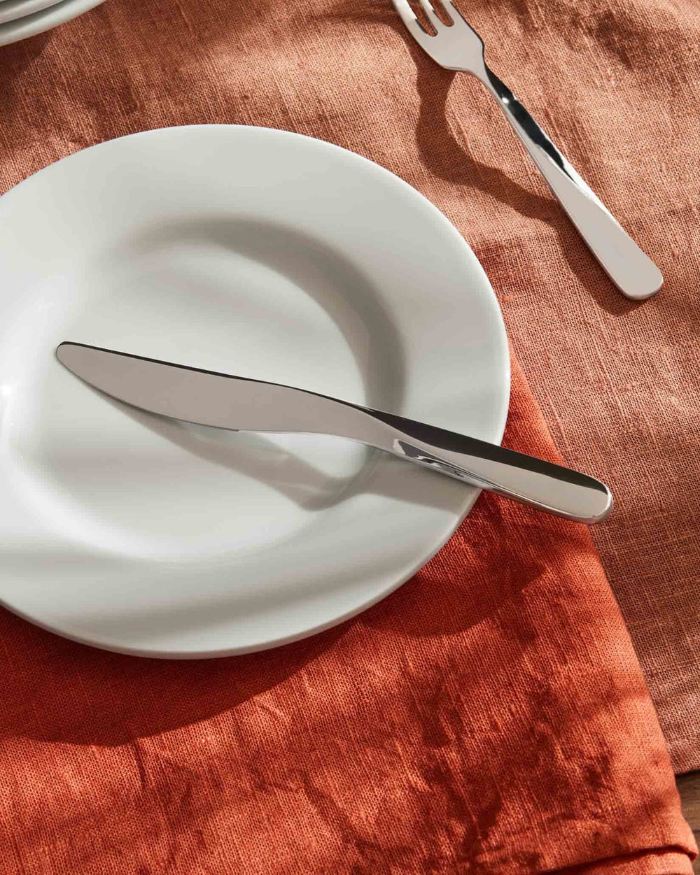 Silver dinner knife by Alessi, resting on a white plate with a fork on an orange linen tablecloth.