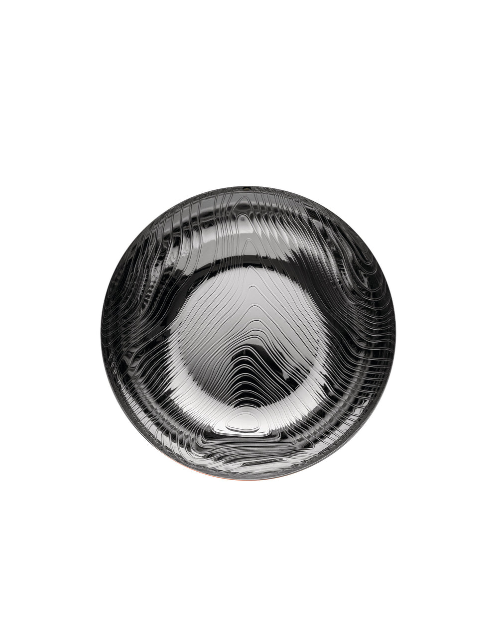 Dark metallic Veneer decorative dish by Alessi, featuring a reflective wavy ripple design.