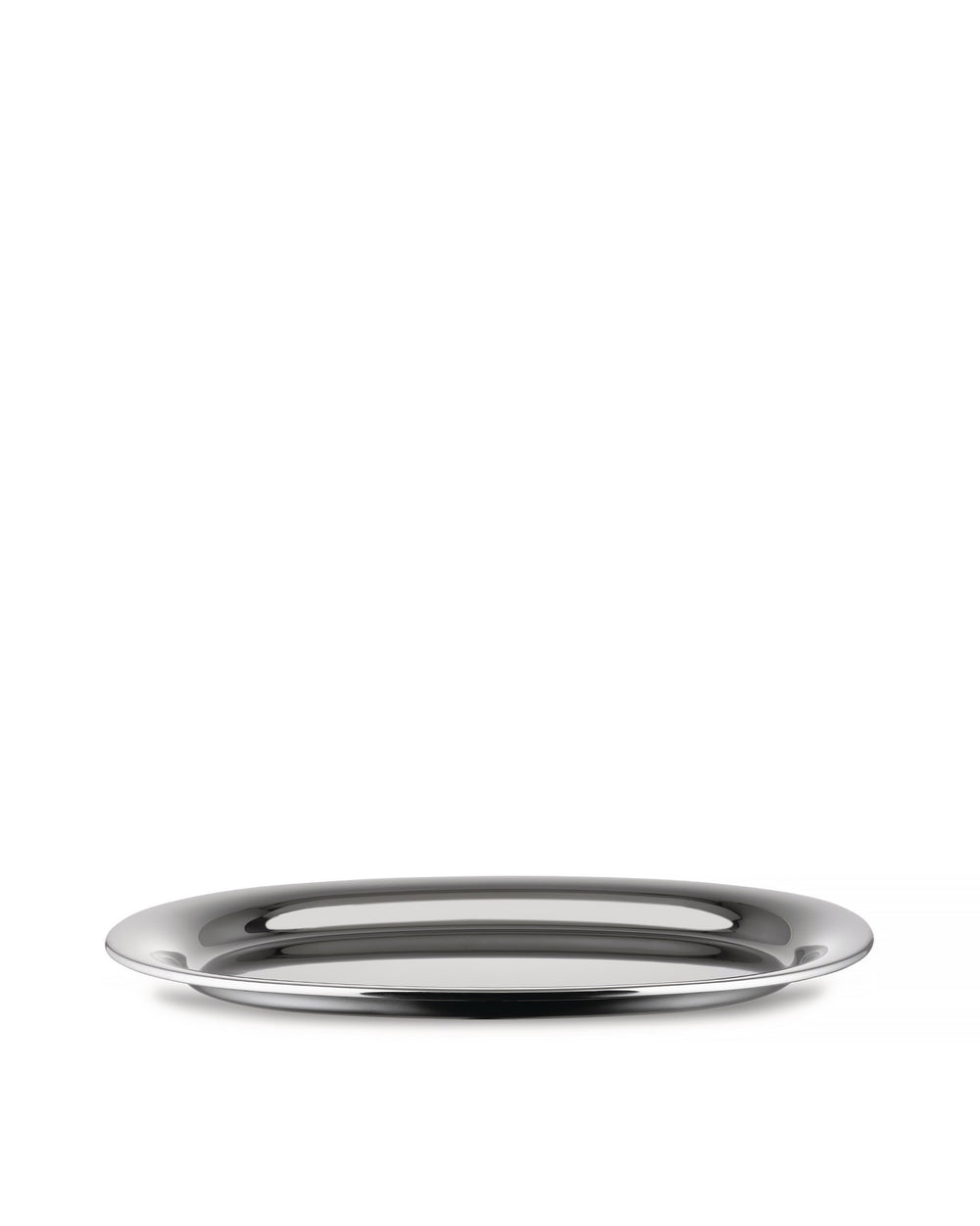 Silver oval metal tray by Alessi with a highly reflective surface, viewed from a slight angle.