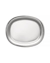 Silver oval tray by Alessi with a highly polished finish and raised rim.