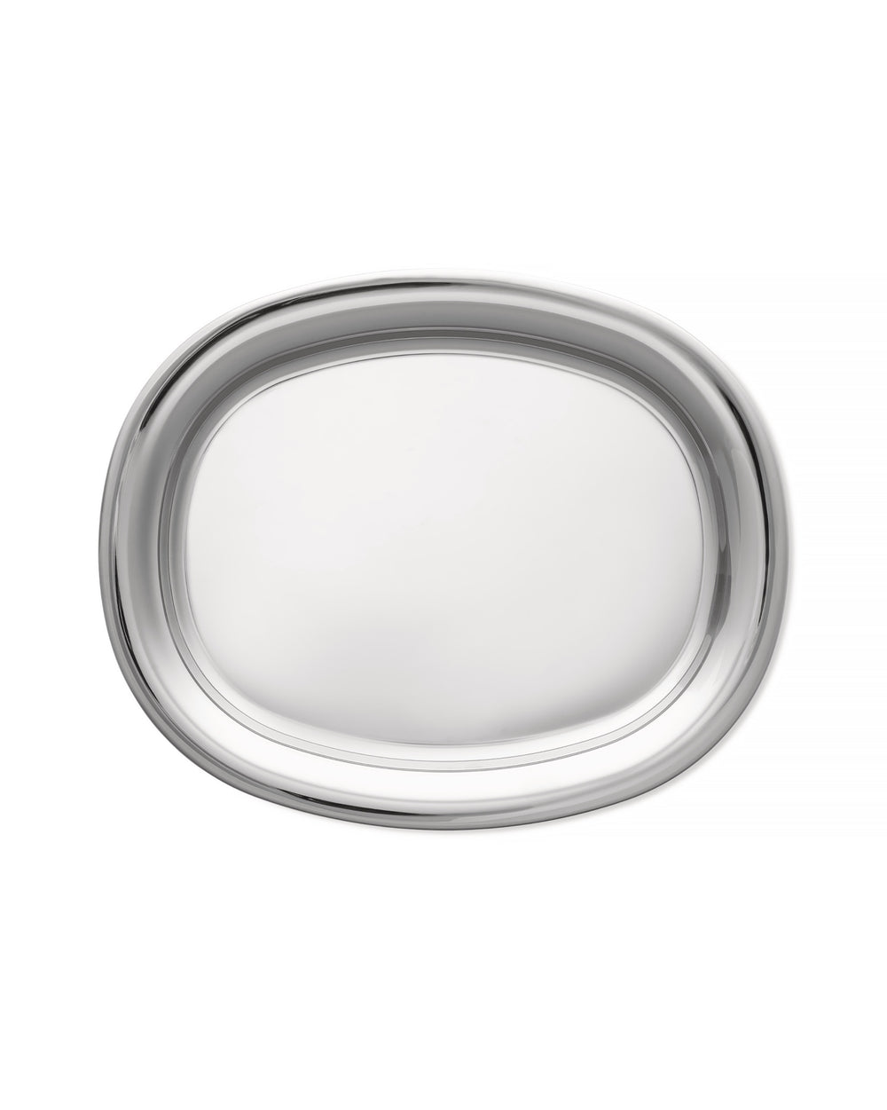 Silver oval tray by Alessi with a highly polished finish and raised rim.