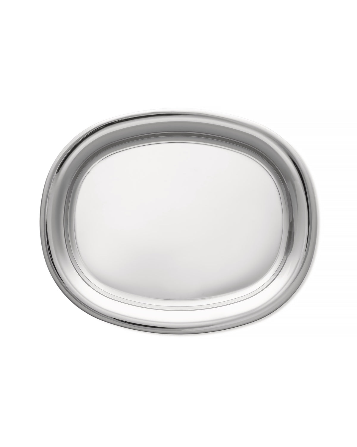 Silver oval tray by Alessi with a highly polished finish and raised rim.