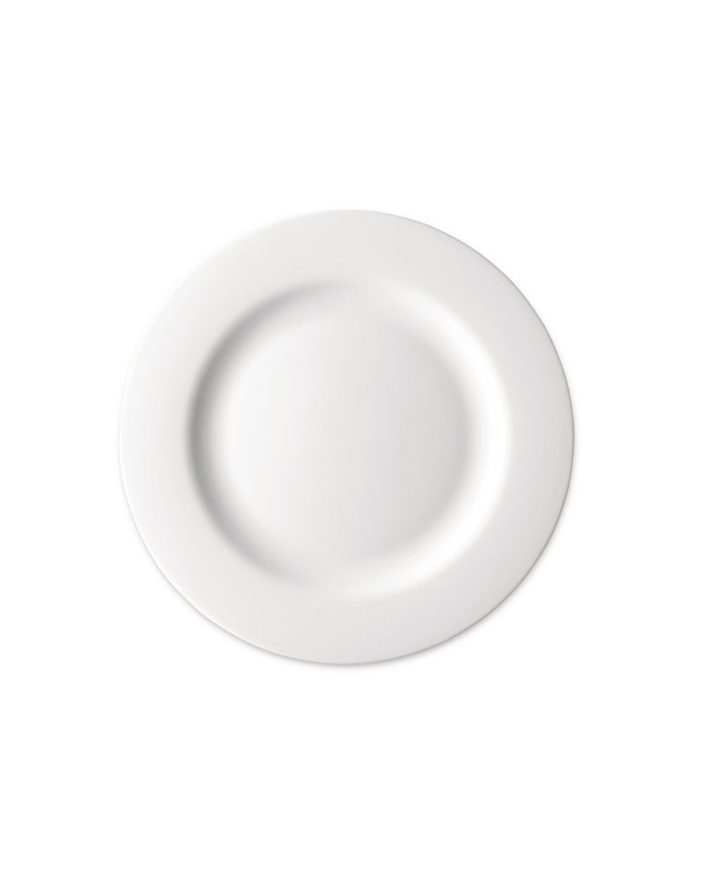 White round plate by Alessi with a subtle raised rim, casting a soft shadow.